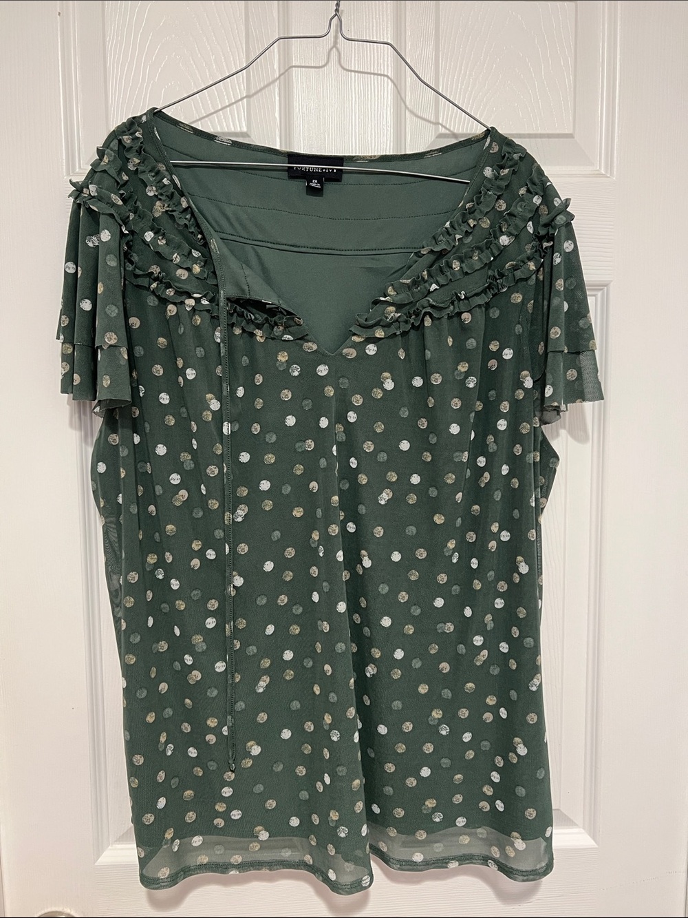 Fortune + Ivy Green Polka Dot Ruffle V-Neck Blouse